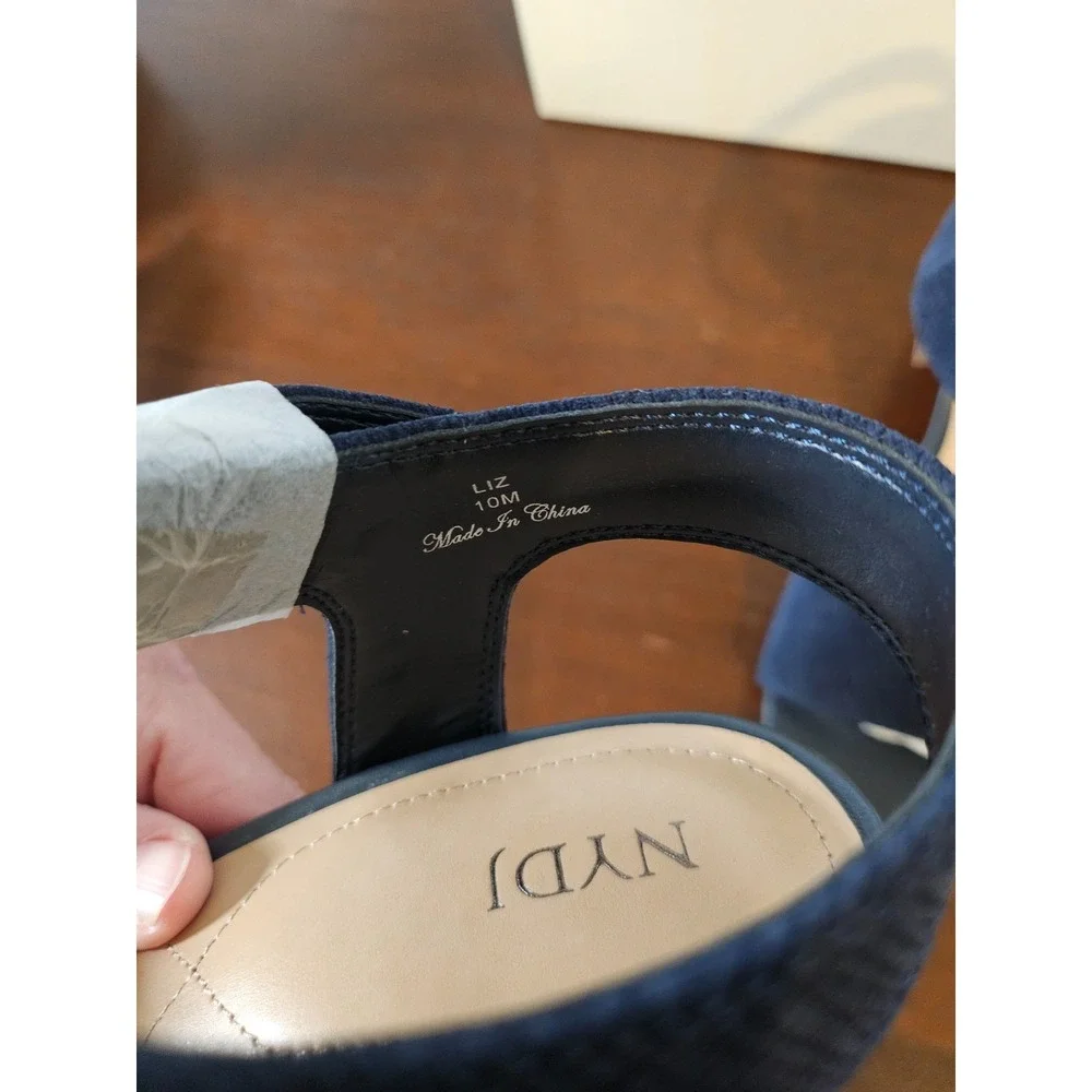 NYDJ Liz Suede Navy Blue Canvas Block Heel Ankle Strap Sandals Size 10 M New